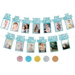 NEW BLUE PartyHooman 1st Birthday Photo Banner for Baby from Newborn to 12 Months, First Birthday Decorations for Boys Monthly Milestones Garland
