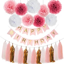 NEW  Pink Gold Birthday Party Decorations Set, pink Gold Glittery Happy Birthday banner, Tissue Paper Pom, Tassel Garland for Birthday Party Decorations