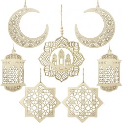 NEW  BBKON 7PCS Ramadan Decorations, Wooden Pendant Eid Ramadan Decorations for Home, Eid Mubarak Hanging Ornaments for Islamic Muslim Party