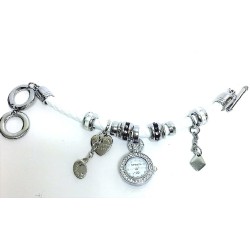 NEW GENEVA SILVER+WHITE+TONE,TAL,LEATHER CORD,HEART CHARM BRACELET WATCH