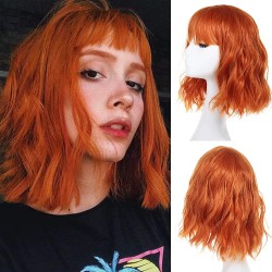 LIGHTLY HANDLED Leeven Short Bob Wigs with Bangs for Women Orange Curly Wavy Wig Loose Wavy Shoulder Length Synthetic Cosplay Wig for Girl Colorful Wigs 12 Inch