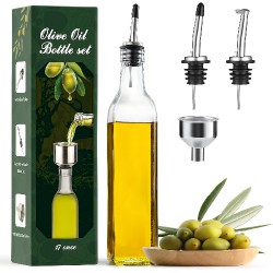 NEW 17oz Clear Glass Olive Oil Dispenser Bottle - 500ml Oil Jar & Vinegar Cruet with Pourers and Funnel - Olive Oil Carafe Decanter for Kitchen