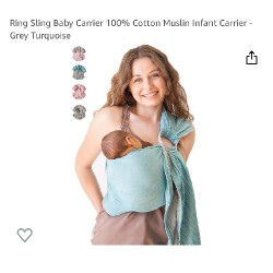 NEW Mebien Ring Sling Baby Carrier 100% Cotton Muslin Gray-Turquoise
