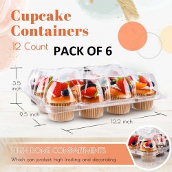 NEW NPLUX 12 Count Cupcake Containers 6 Pack Cupcake Holders with Detachable Tall Dome Lids Clear Plastic Stackable Cupcake Boxes for 72 Cupcakes, BPA Free, Standard Size