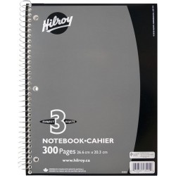 NEW Hilroy Coil 3-Subject Notebook, Wide Ruled, 10.5 X 8 Inches, 150 Sheets / 300 Pages, GREY