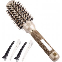 NEW Round Barrel Nano Thermal Ceramic Coating & Ionic Tech Hair Brush with Boar Bristles, for Hair Blow Drying, Styling, Curling, Straightening(2.5 Inch, Barrel 1.25 Inch, Gold) PLUS 4 CLIPS