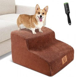 NEW Almcmy 2 Tier Dog Stairs for Small Dogs, Foam Pet Stairs with Removable Cover & 1 Extra Lint Roller, Non-Slip Pet Steps Dog Ramp for Bed Couch, Holds Up to 50 lbs, Brown