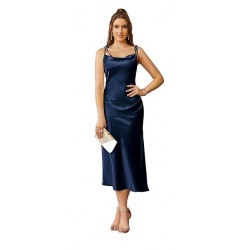 NEW WOMENS LARGE BABYONLINE D.R.E.S.S.Women's Sleeveless Spaghetti Strap Satin Dress Cocktail Beach Evening Party Cowl Neck Midi Dress, NAVY