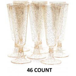 NEW PACK OF 46 Matana Premium Plastic Gold Glitter Champagne Flutes, 5oz: Sturdy & Reusable
