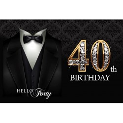 NEW DORCEV 6 x 4ft Hello Forty Tuxedo Backdrop for Man 40th Birthday Party Decor Diamonds Gold 40th Birthday Photography Background Black Suit Necktie Tuxedo Decor Banquet Party Black Gold Banner Props