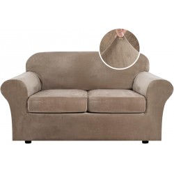 NEW H.VERSAILTEX Real Velvet Plush 3 Piece Stretch Sofa Covers Couch Covers for 2 Cushion Couch Loveseat Covers Width Up to 72 Inch Feature Thick Soft Stay in Place (Medium Sofa, Camel)