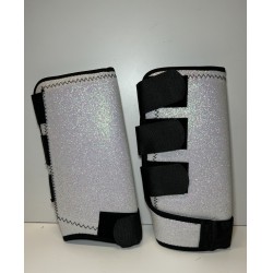 NEW SET OF TWO WHITE/SILVER GLITTER DRESSAGE/FLY BOOTS - HORSE BOOTS, SIZE LARGE