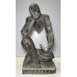 NEW WOODEN SCUPLTURE OF A SEATED MAN READING, 15.5 TALL, 7.5 WIDE