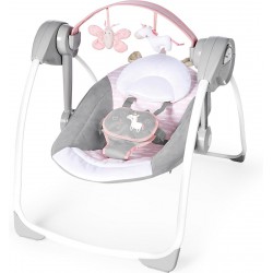 NEW Ingenuity Comfort 2 Go Compact Portable 6-Speed Baby Swing with Music, Folds for Easy Travel-Flora the Unicorn (Pink), 0-9 Months