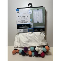 NEW MAINSTAYS White Pom Pom Room Darkening Rod Pocket Top Single Curtain Panel, 38 X 63
