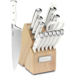 NEW Cuisinart C77WTR-15P Classic Forged Triple Rivet, 15-Piece Knife Set with Block, Superior High-Carbon Stainless Steel Blades for Precision and Accuracy, White