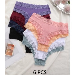 NEW 6PC MEDIUM Pack of Women's Solid Lace Trim Briefs with Ribbed Cotton and Low Waist