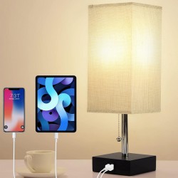 NEW Bedside Table Lamp - Soilsiu Bedroom Lamp with 2 USB Ports Solid Wood Nightstand Lamps with Gray Fabric Shade Ambient Light for Living Room, Kids Room, Dorm, Office (LED Bulb Included)