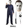 NEW ADULT SMALL MICHAEL MYERS HALLOWEEN COSTUME, COVERALLS, MASK, KNIFE, NECKLACE AND KEYCHAIN