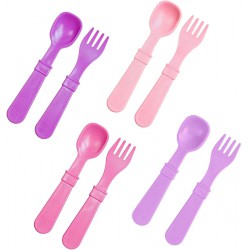 NEW RE-PLAY Made in USA 8pk Toddler Feeding Utensils Spoon and Fork Set |Eco Friendly Recycled Milk Jugs | Bright Pink, Purple, Blush, Amethyst | (Princess+)