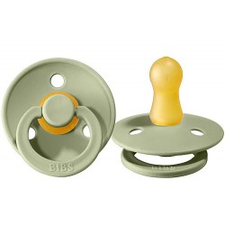 NEW BIBS 2 PACK - COLOUR PACIFIERS, NATURAL RUBBER, ROUND, SIZE 1, BOTH SAGE GREEN