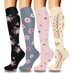 NEW (READ NOTES) 4 Pairs Copper Compression Socks for Men & Women (15-20mmHg), Compression Stocking for Swelling Running Hiking Travel Nursing, A41-4 Pack Black Pink Flowers