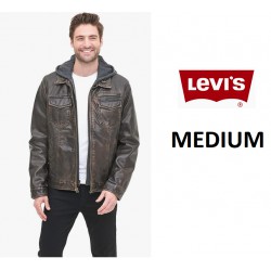 NEW MENS MEDIUM Levi's Faux Leather Trucker Hoody With Sherpa Lining, DARK BROWN