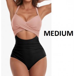 NEW WOMENS MEDIUM Eomenie One Piece Swimsuits Tummy Control Cutout High Waisted Bathing Suit Wrap Tie Back 1 Piece SwimsuIT, BLACK/PINK