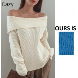 NEW WOMENX XL SHEIN DAZY Women's Fold-Over Off Shoulder Solid Color Ribbed Knit Sweater, BLUE