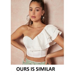 NEW WOMENS SMALL SHEIN Solid One Shoulder Ruffle Sleeve Crop Top, WHITE