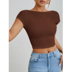 NEW SIZE XS Women's Backless Crew Neck Short Sleeve Fitted Crop Tops, Suitable For Summer