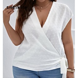 NEW WOMENS 3XL SHEIN CURVE VACAY Plus Swiss Dot Knot Side Wrap Blouse