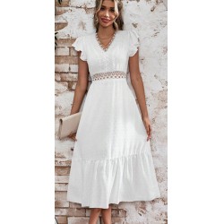 NEW WOMENS SMALL SHEIN CLASI PATCHWORK SOLUBLE LACE RUFFLE TRIM DECORATED DRESS, WHITE