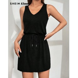 NEW WOMENS SMALL SHEIN EZwear Women's Black Sleeveless Waist-Tie Drawstring Dress, BLACK