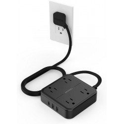 NEW Flat Plug Extension Cord Indoor 5 Feet, Power Bars with Surge Protector, TESSAN Power Strip with 4 Multiple Outlets 3 USB Ports (1 USB C), Surge Protection for Dorm Room Home Office, Pure Black