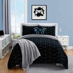 NEW DOUBLE Your Zone Kids Black and Gray Reversible Quilt Set with Gray Sheets, Gamer, Full, 7 Piece, Microfiber Polyester