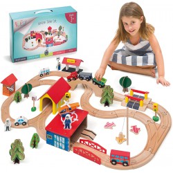 NEW KipiPol Wooden Train Set - 69 Pieces Wooden Train Tracks & Trains for Kids, Toddler Boys and Girls 3,4,5 Years Old and Up– Premium Wood Construction Toys -Fits Thomas, Brio, IKEA, Melissa and Doug