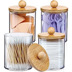 NEW VITEVER 4 Pack Qtip Holder Dispenser with Bamboo Lids - 10 oz Clear Plastic Apothecary Jar Containers for Vanity Makeup Organizer Storage - Bathroom Accessories Set for Cotton Swab, Ball, Pads, Floss