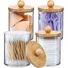 NEW VITEVER 4 Pack Qtip Holder Dispenser with Bamboo Lids - 10 oz Clear Plastic Apothecary Jar Containers for Vanity Makeup Organizer Storage - Bathroom Accessories Set for Cotton Swab, Ball, Pads, Floss